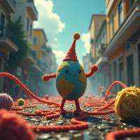 Whimsical mascot character with a mischievous grin and satirical spirit