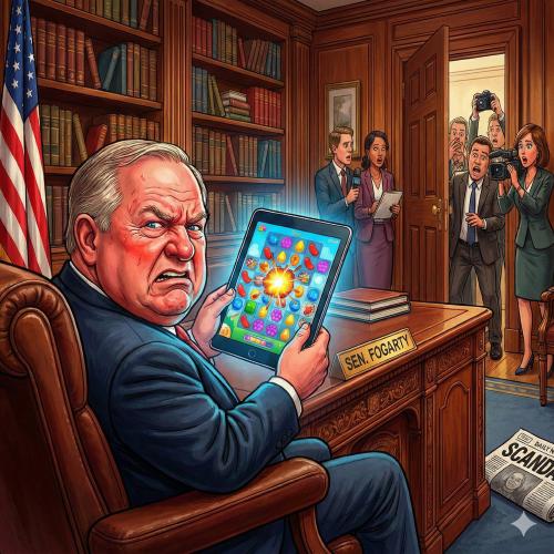 Editorial illustration of a red-faced senator playing Candy Crush on a tablet in a grand office, while aides peek in and whisper.