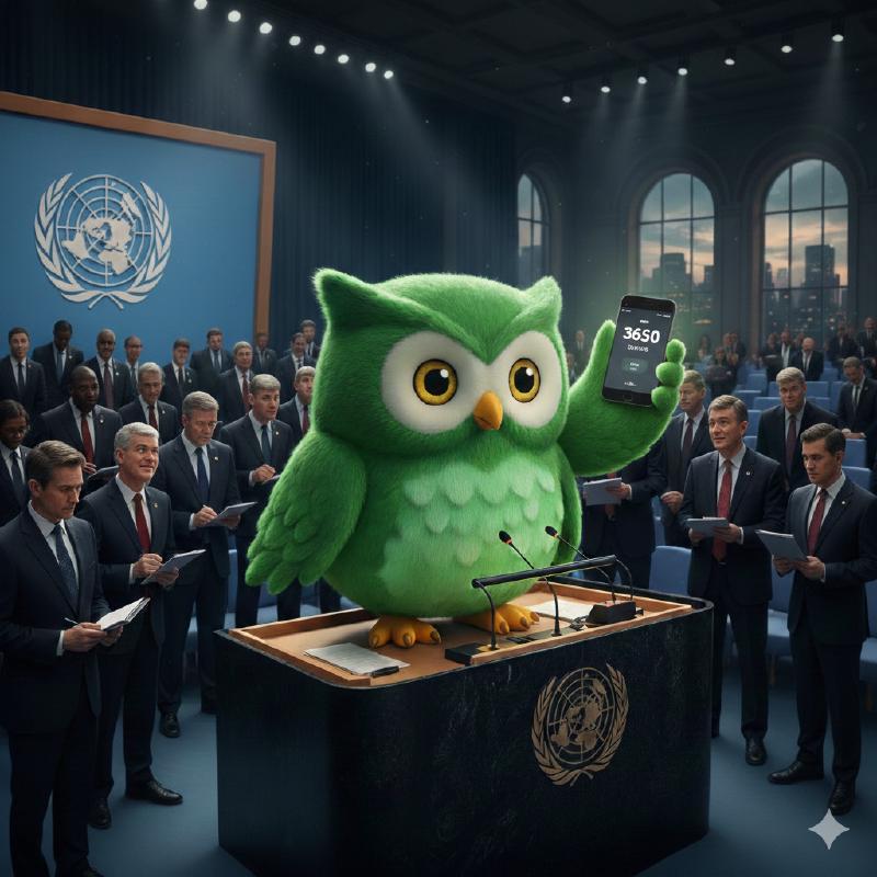 A green owl mascot standing at a UN podium surrounded by diplomats