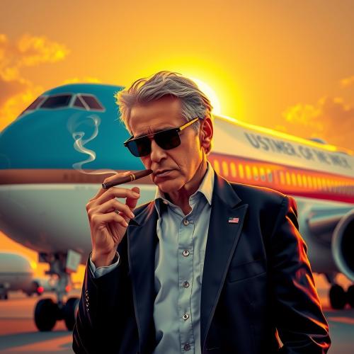 President with a cigar standing in front of airplane