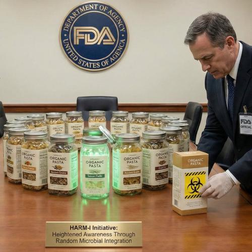 FDA officials placing biohazard symbols on organic pasta boxes in sterile government office