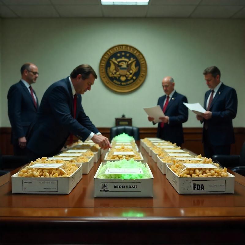 FDA officials placing biohazard symbols on organic pasta boxes in sterile government office