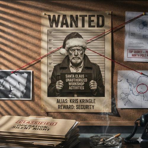 Cold War propaganda poster-style photograph of Santa Claus as a noir wanted poster, surrounded by classified documents, Pentagon plans, and Greenland maps connected by red string