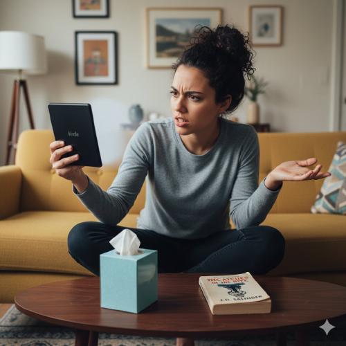 Woman arguing with Kindle e-reader displaying classic literature text, therapy tissue box on coffee table