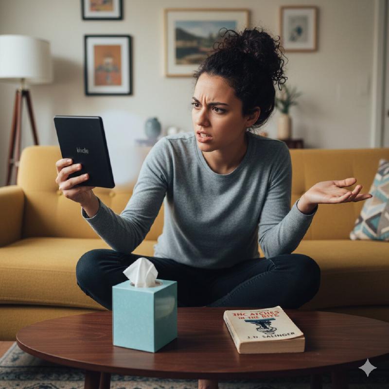 Woman arguing with Kindle e-reader displaying classic literature text, therapy tissue box on coffee table