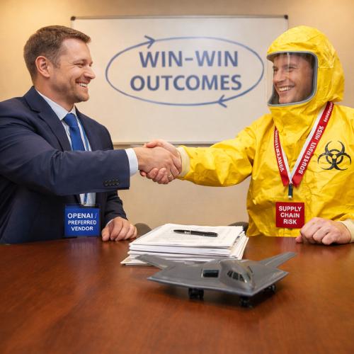 A military officer at a Pentagon podium gestures toward a dual-panel PowerPoint slide showing a vendor evaluation matrix alongside a bomb damage assessment map, both headlined Q1 PROCUREMENT OUTCOMES