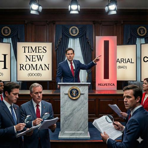 Secretary of State at podium surrounded by typography samples, shouting at a Helvetica letter