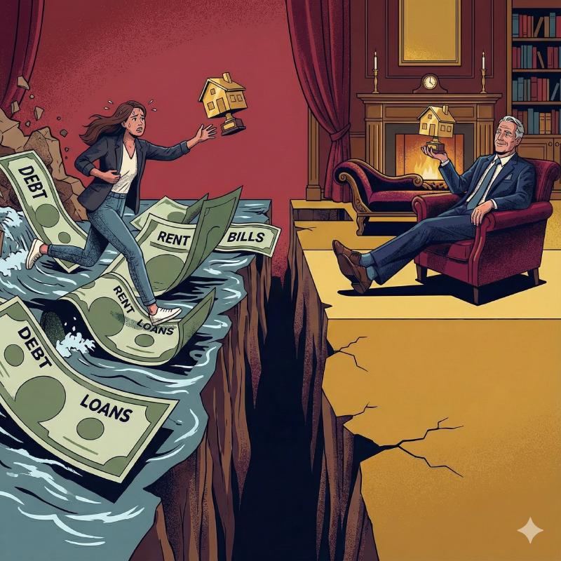 Editorial illustration showing generational wealth gap: millennials navigating financial obstacles while boomers sit comfortably