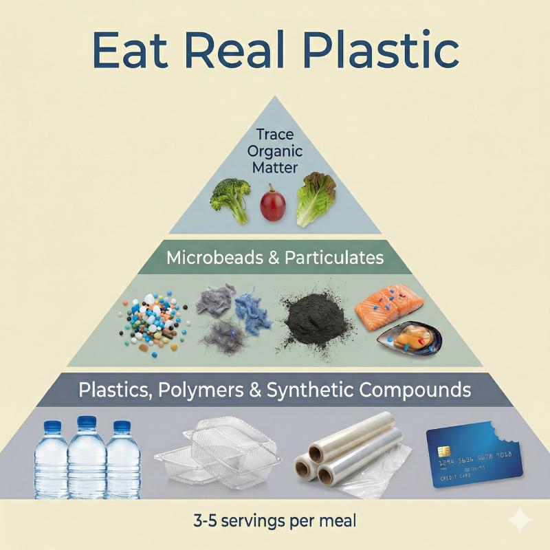 Satirical USDA dietary guidelines chart showing microplastics as a food group