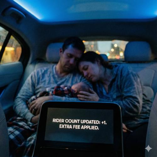 A Waymo car's infotainment screen showing an extra fee for a newborn baby against a blurred background of exhausted parents holding the infant.
